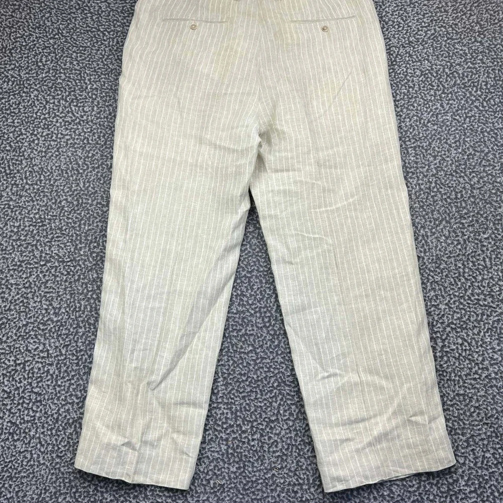 Tommy Bahama Dress Pants Men 40x32 Beige Striped 100% Linen Flat Front Relaxed